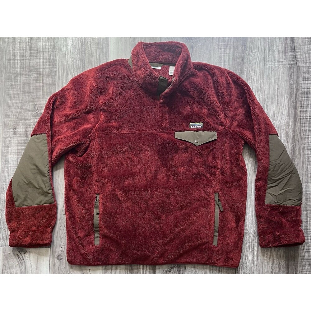 LL Bean Hi-Pile Fleece Pullover Men Large Rust Tan Elbow Patch Sherpa Snap T